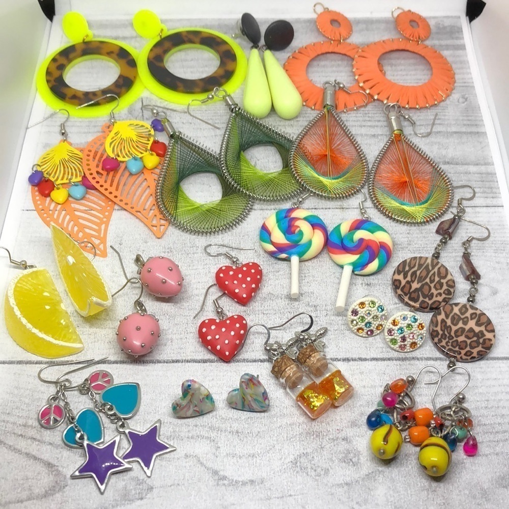 Huge bundle colorful vibrant fun funky boho earrings lot 16 whimsy pop of color.